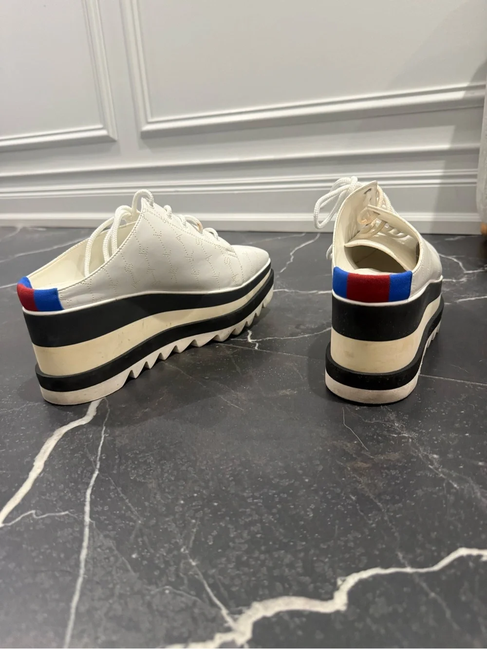 Stella McCartney White Platform Lace-Up Sneakers with Red & Blue Heel Tabs